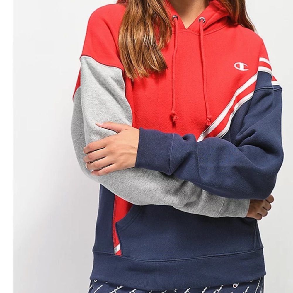 small red and blue champion hoodie